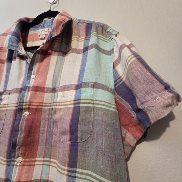 J Crew Baird McNutt Irish Linen Plaid Camp Shirt Men XL Loop Collar Short Sleeve - Picture 2 of 12